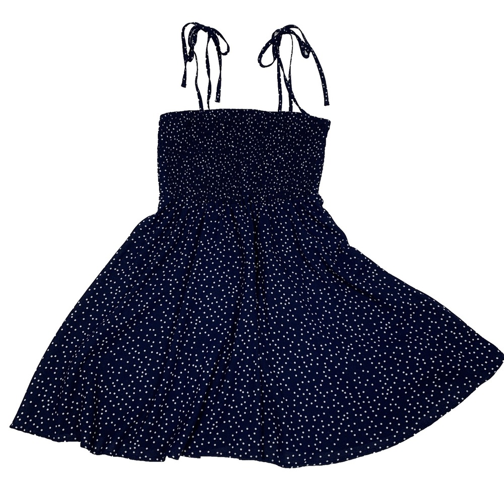 SHEIN Navy Blue Polka Dot Tie Shoulder Smocked Bodice Dress Small